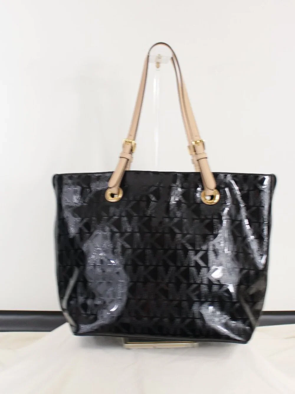 Michael Kors MK Logo Tote Black Patent PVC Large‎ Shoulder Bag Gold